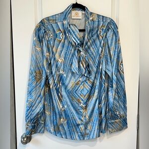 NicoBlu Satin Bow Tie Blouse Resort Blue Watercolor Print Plus Size 1X